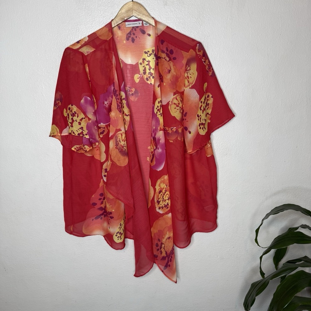 Susan Graver Red Sheer Floral Short Sleeve Kimono Womens 1X‎ Boho Lightweight